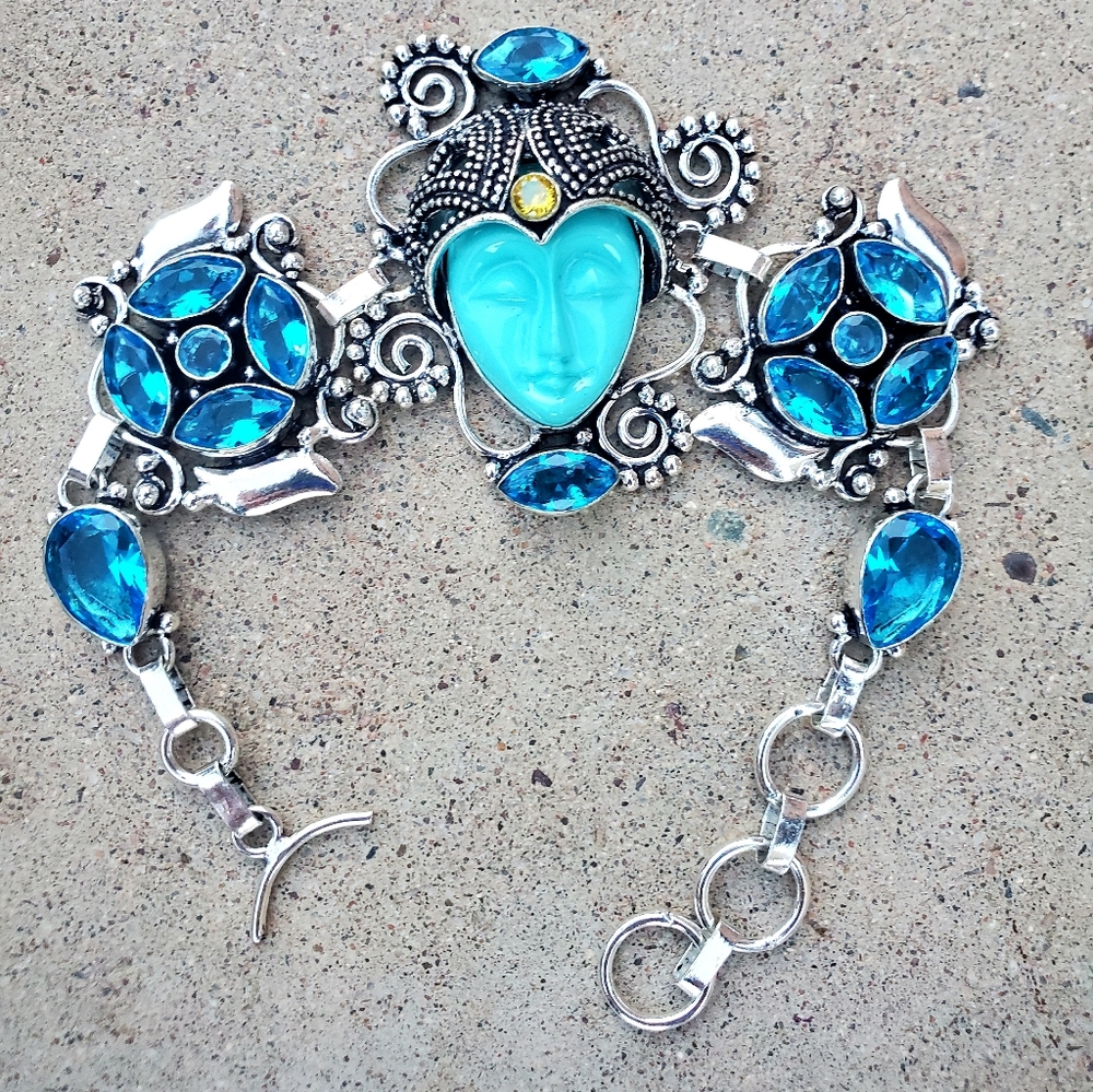 New Carved Goddess Face Multi Gemstone Bracelet.